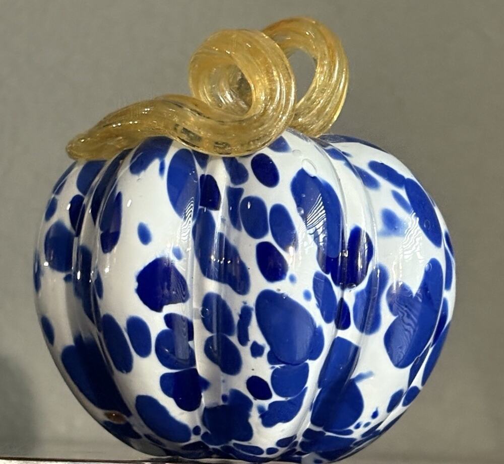 Hand Blown Studio Art Glass Pumpkin White Cobalt Blue Aventurine Amber Stem 5.5”